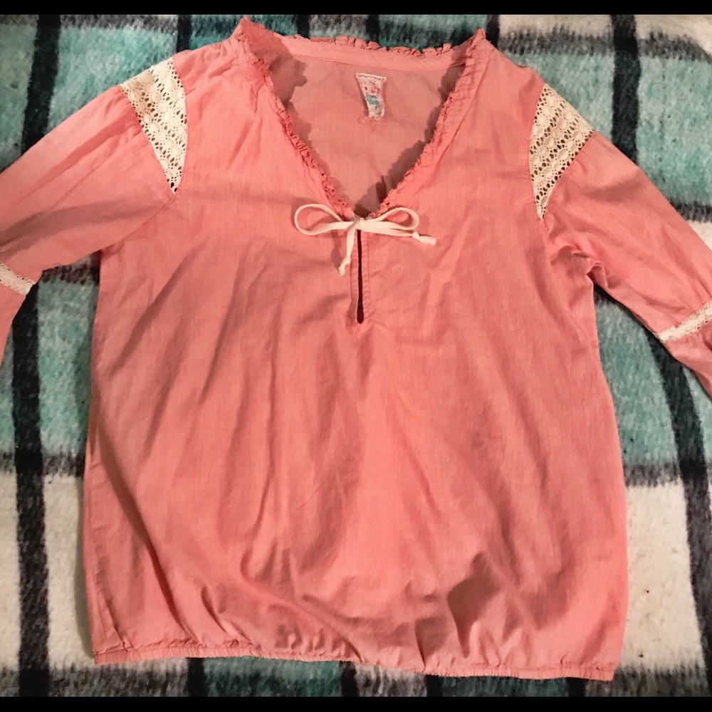 Free People light red embroidered clasp shirt